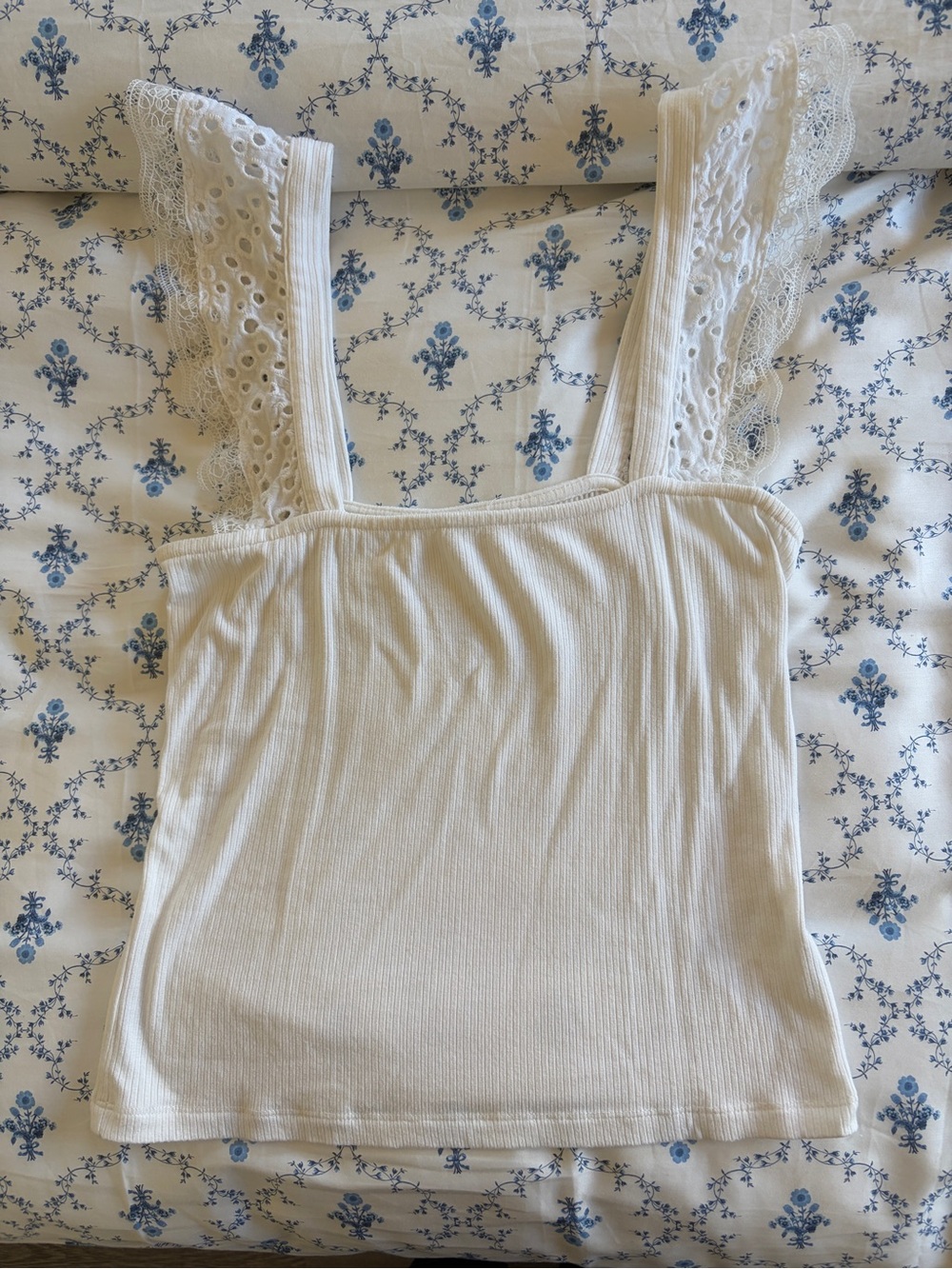 Lace Strap Ribbed Tank Top - White - Picture 2 of 4